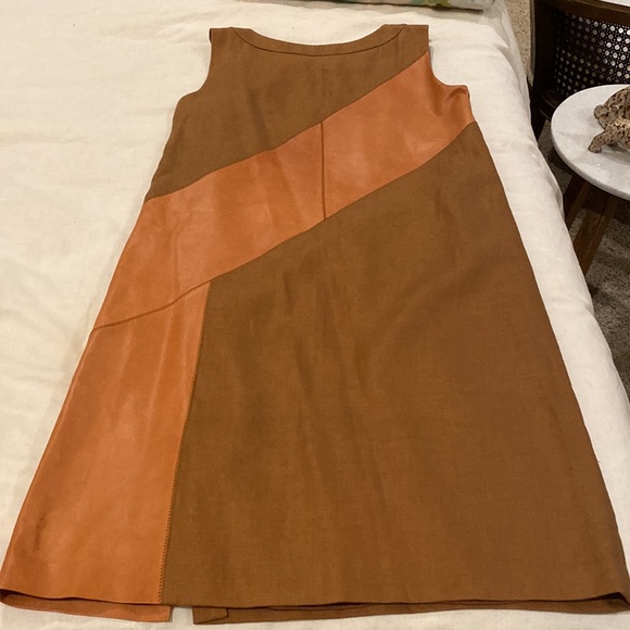 Lafayette 148 New York tan and khaki leather/linen a-line sheath dress 6 - Picture 4 of 4